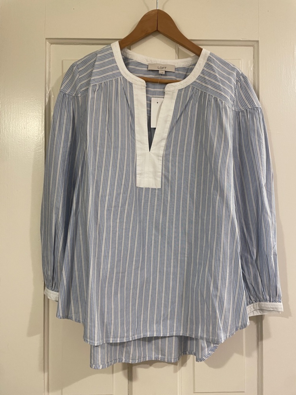 LOFT Light Blue and White Striped Split-Neck Tunic